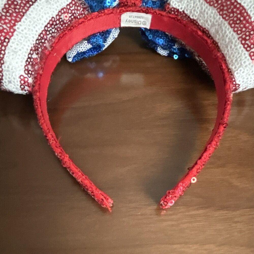 Disney Minnie Mouse USA Sequined Ears Bow Headband Striped Red/White/Blue - Picture 12 of 16